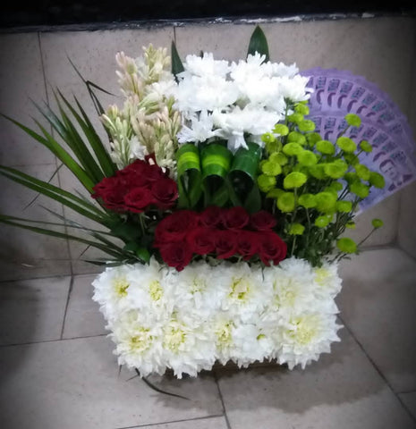 Red Jory with Lily & Chrysanthemum جوري أحمر مع زنبق و كرزنتين