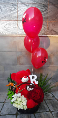 Basket with Bear, Letter, & Balloon سلة مع حرف و دبدوب و بالون