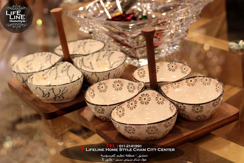 Serving Dishes with a Wooden Stand صحن موالح رباعي مع حمالة من الخشب